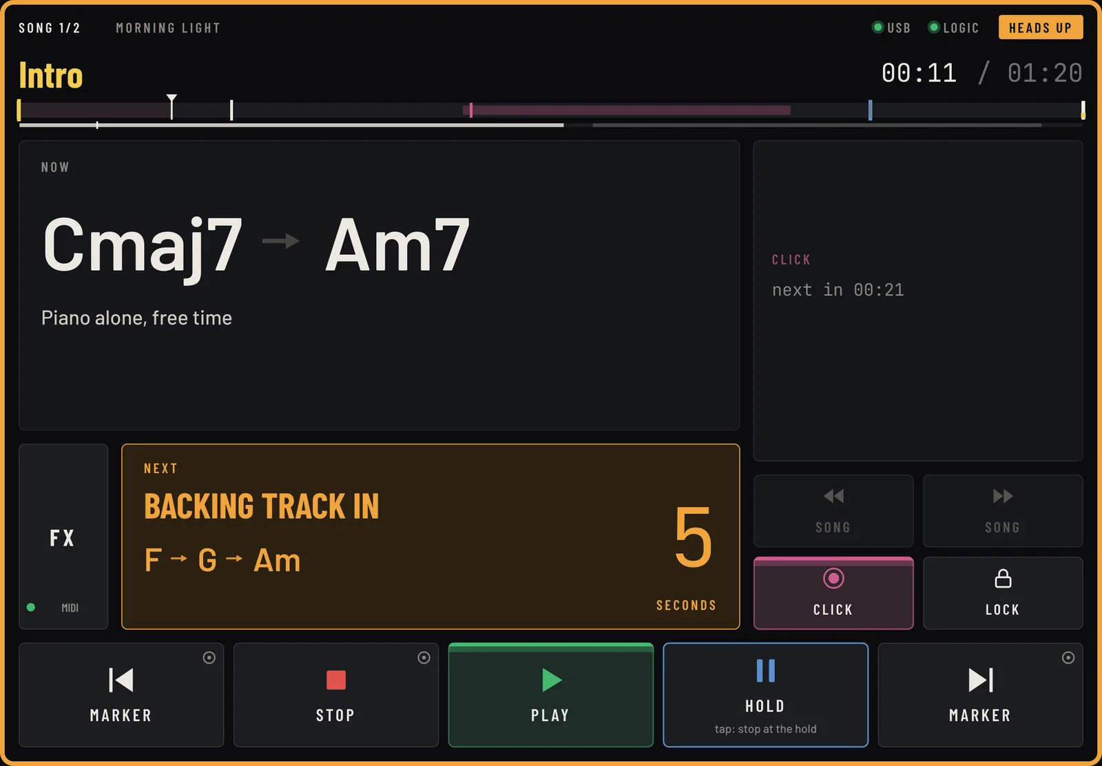 LIVE-IN Screen on an iPad: the Intro of the first song, chords Cmaj7 and Am7, and an amber heads-up: backing track in, 5 seconds