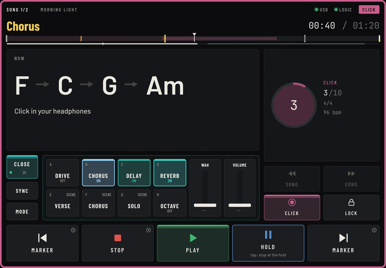 LIVE-IN FX page on the iPad: effect switches, scenes and two expression faders next to the cue screen