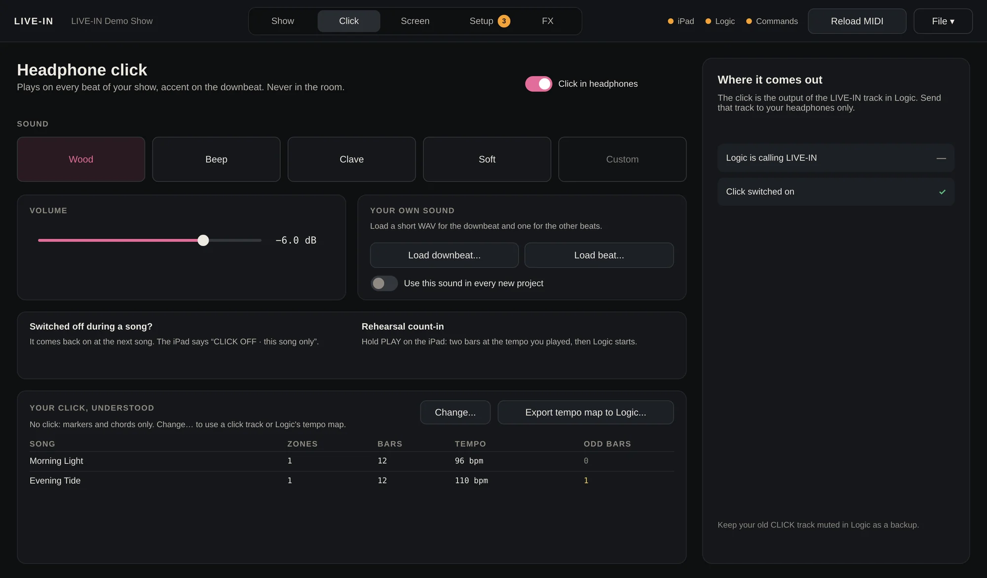 The Click page of the plug-in: sounds, volume, your own sound, and the table of songs with tempo, bars and odd bars