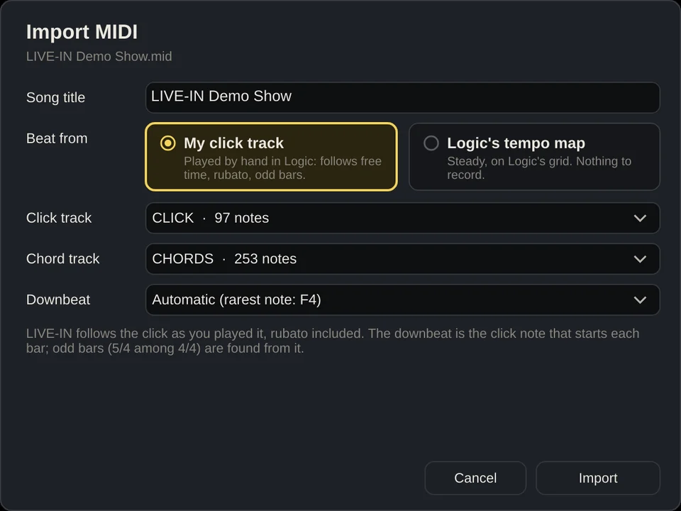 The Import MIDI window: song title, Beat from (My click track or Logic's tempo map), click track, chord track, downbeat